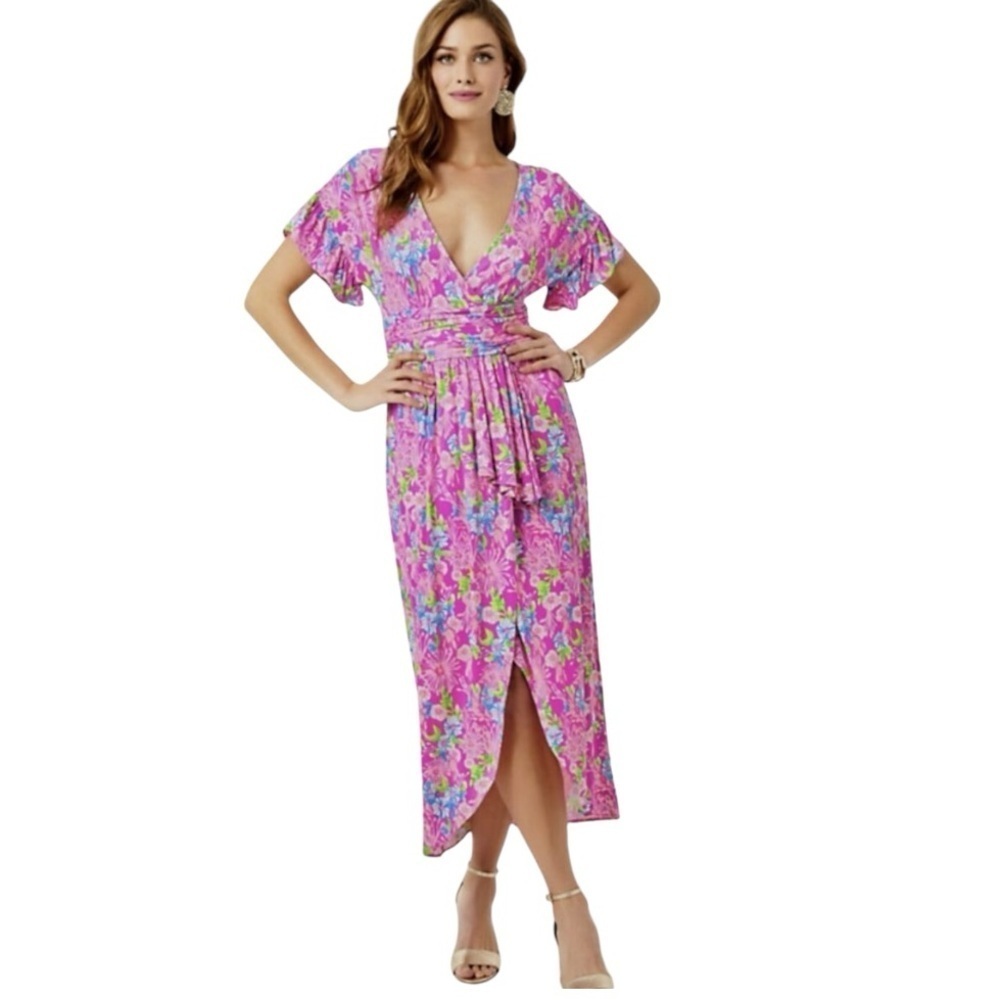 Lilly Pulitzer Anchorage Floral Faux Wrap Flutter Sleeve Midi Dress Women’s XS